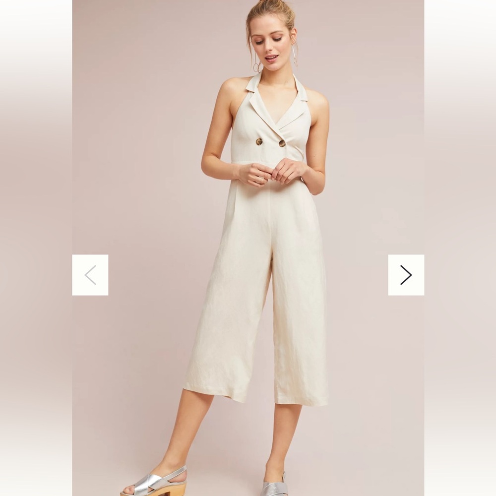 HD in Paris by‎ Anthropologie Double-Breasted Cropped Linen Jumpsuit, sz XS